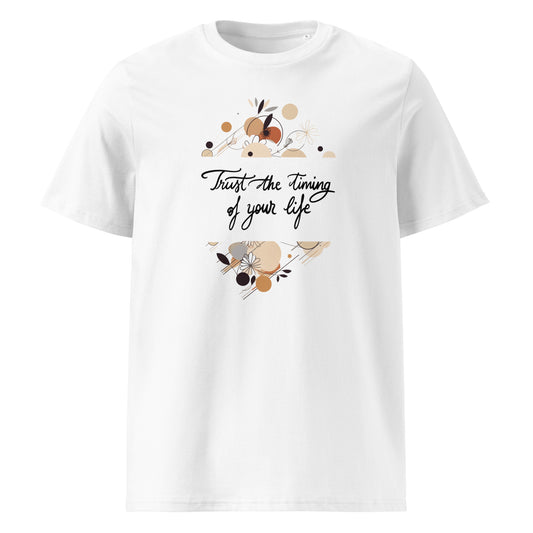 Unisex organic cotton t-shirt "Trust the timing" abstract
