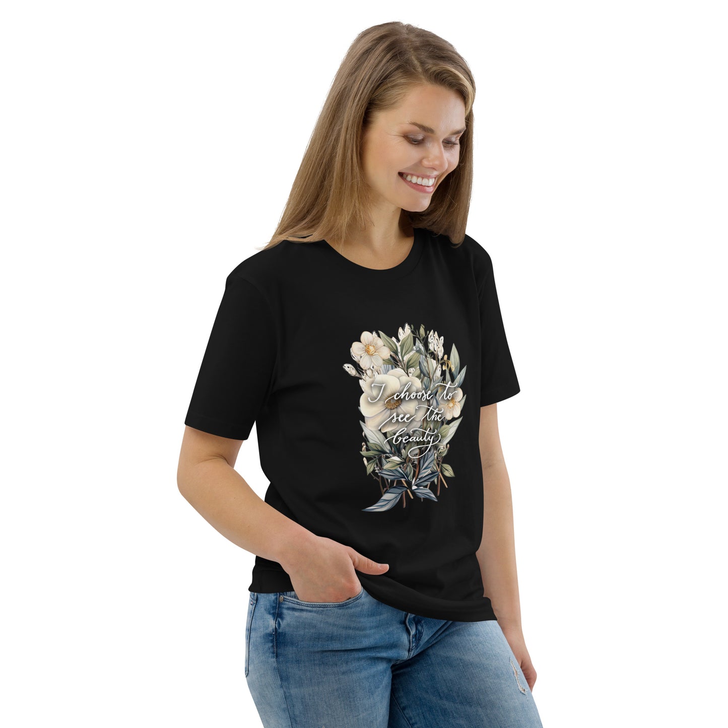 Unisex organic cotton t-shirt "I choose to see flowers"