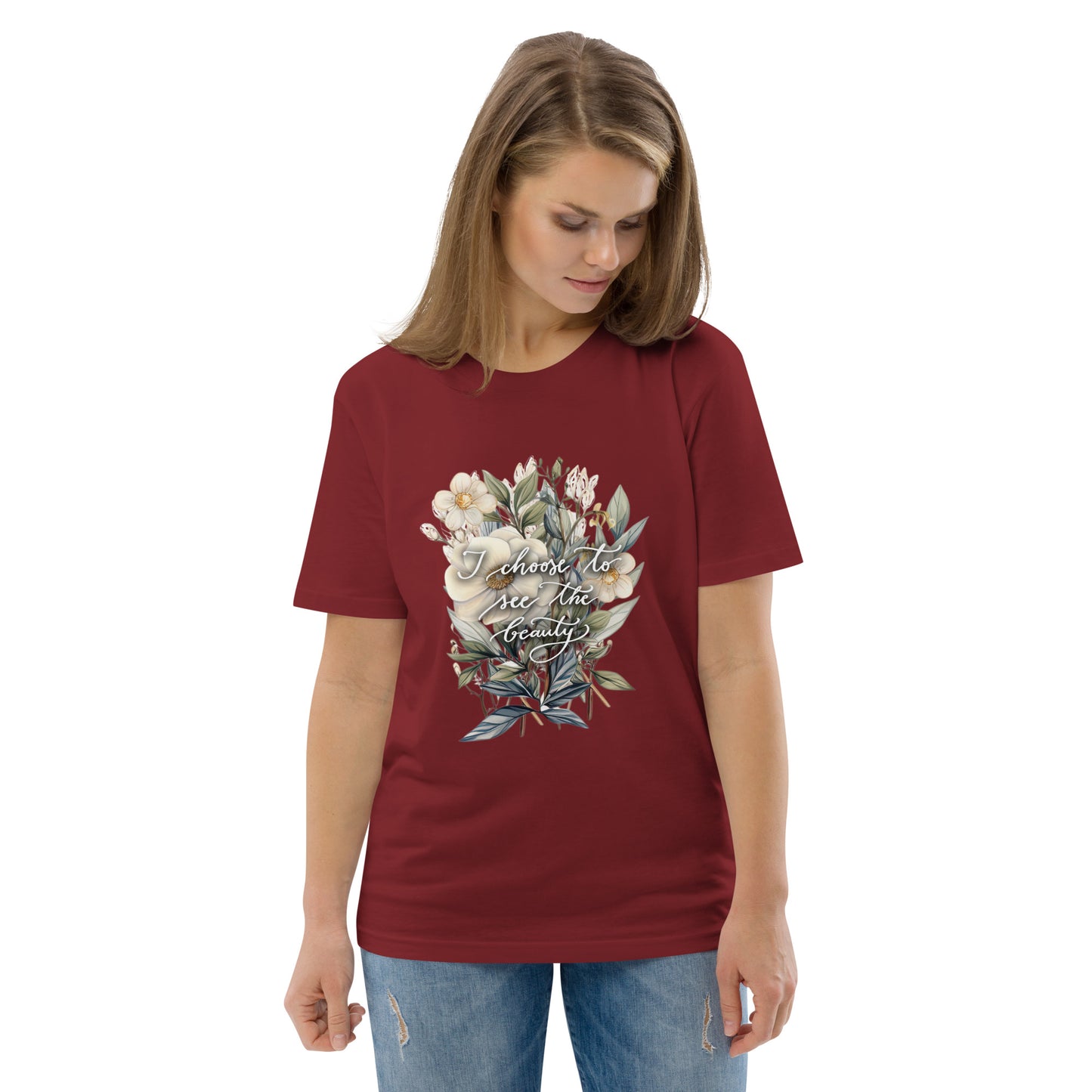 Unisex organic cotton t-shirt "I choose to see flowers"