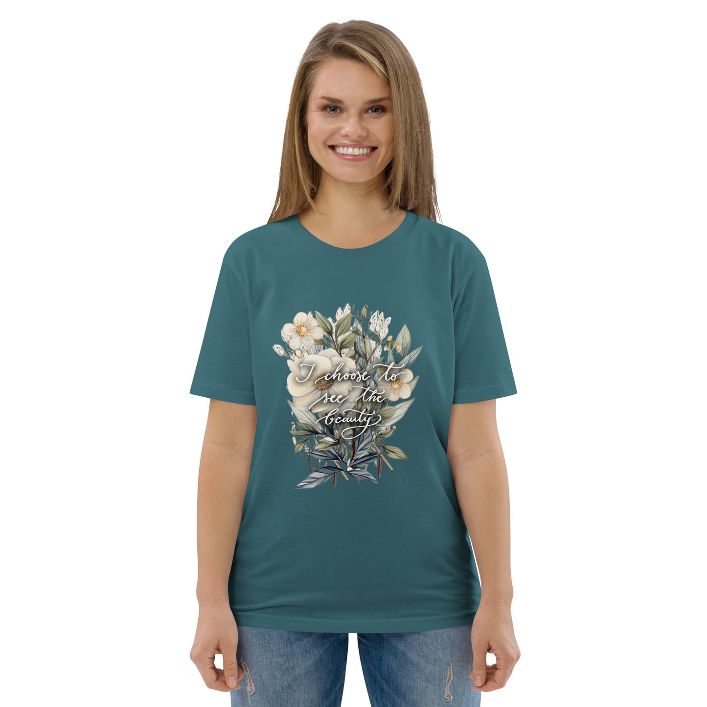 Unisex organic cotton t-shirt "I choose to see flowers"